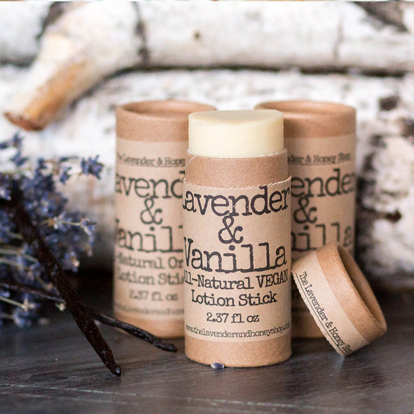 Lavender and Vanilla Lotion Stick Organic Beeswax Shea Butter, All Natural, Recyclable, Lotion Push Up Cardboard Tube