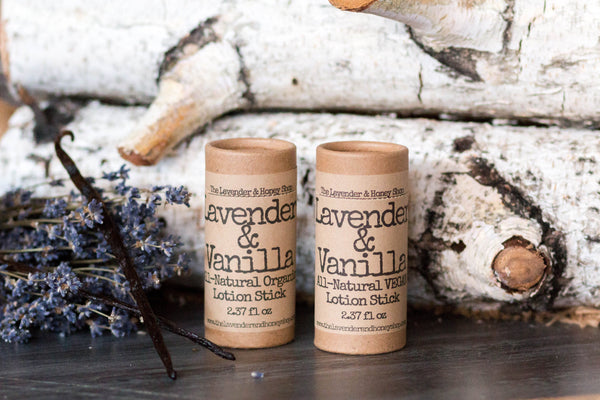Lavender and Vanilla Lotion Stick Organic Beeswax Shea Butter, All Natural, Recyclable, Lotion Push Up Cardboard Tube