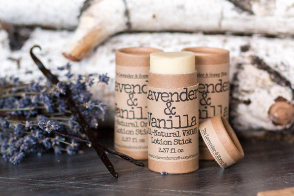 Lavender and Vanilla Lotion Stick Organic Beeswax Shea Butter, All Natural, Recyclable, Lotion Push Up Cardboard Tube