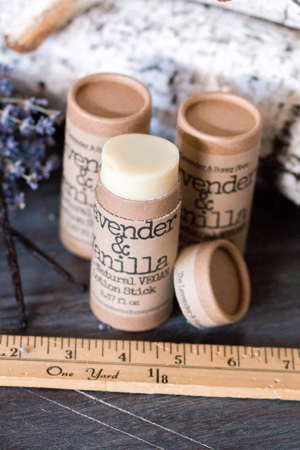 Lavender and Vanilla Lotion Stick Organic Beeswax Shea Butter, All Natural, Recyclable, Lotion Push Up Cardboard Tube