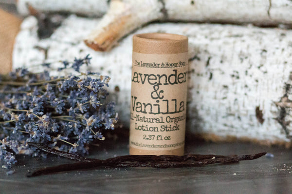 Lavender and Vanilla Lotion Stick Organic Beeswax Shea Butter, All Natural, Recyclable, Lotion Push Up Cardboard Tube