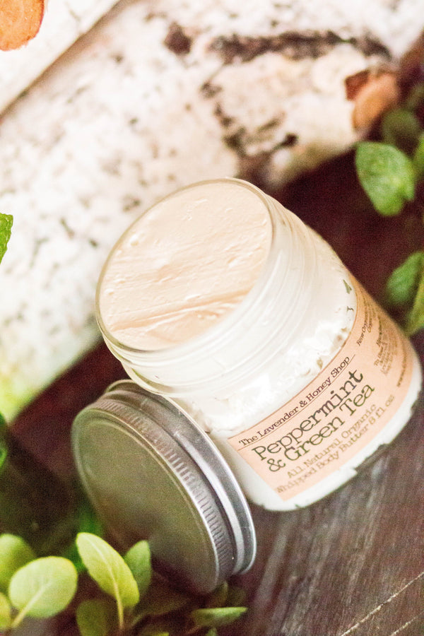 Peppermint & Green Tea Whipped Body Butter 8 fl oz jar.